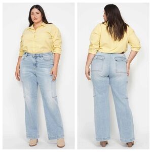 NEW Judy Blue Jeans Womens 24W Plus Blue Wide Leg Cargo High Rise‎ Light Denim